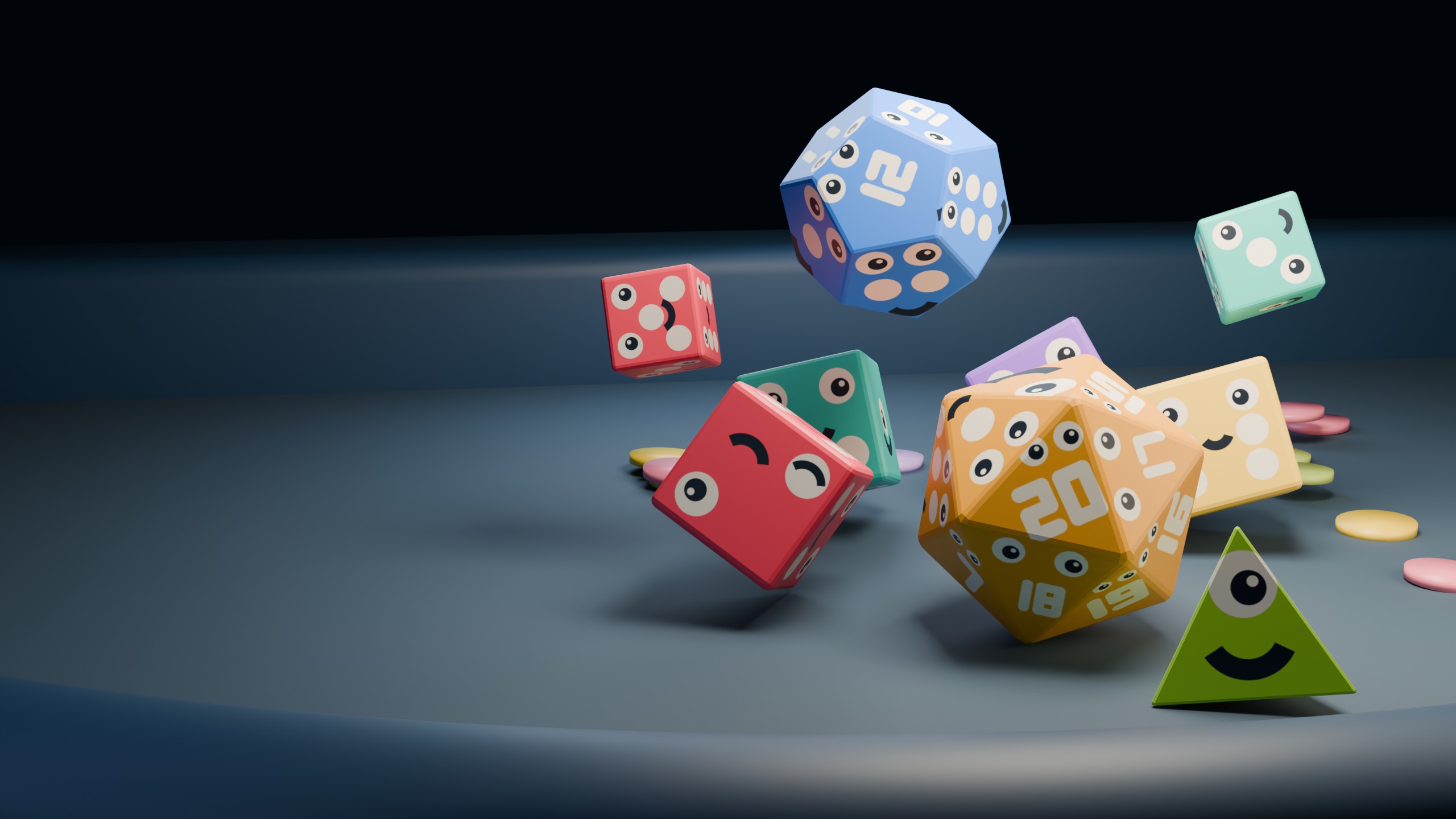 The Pretty Dicey crew mid-throw on a dark table: a d20, a d12, a d4 and four d6s, each with a face